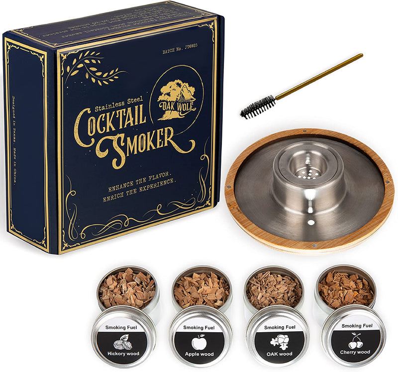 Oak Wolf Whiskey Smoker Kit with 4 Flavors of Wood Chips for Cocktail Smoker - Stainless Steel Bourbon Smoker Kit Also Includes a Strainer & Brush - Bourbon & Whiskey Enthusiasts Home & Garden > Kitchen & Dining > Barware OAK WOLF   