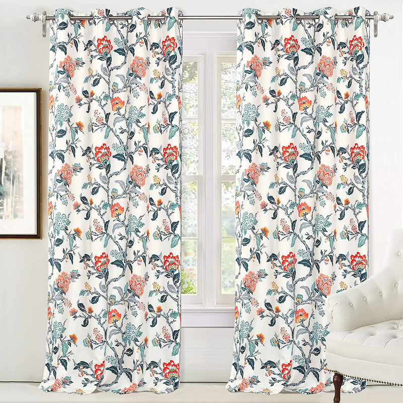 Driftaway Ada Floral Botanical Print Flower Leaf Lined Thermal Insulated Room Darkening Blackout Grommet Window Curtains 2 Layers Set of 2 Panels Each 52 Inch by 84 Inch Ivory Orange Teal Home & Garden > Decor > Window Treatments > Curtains & Drapes DriftAway Ivory Orange Teal 52"x96" 