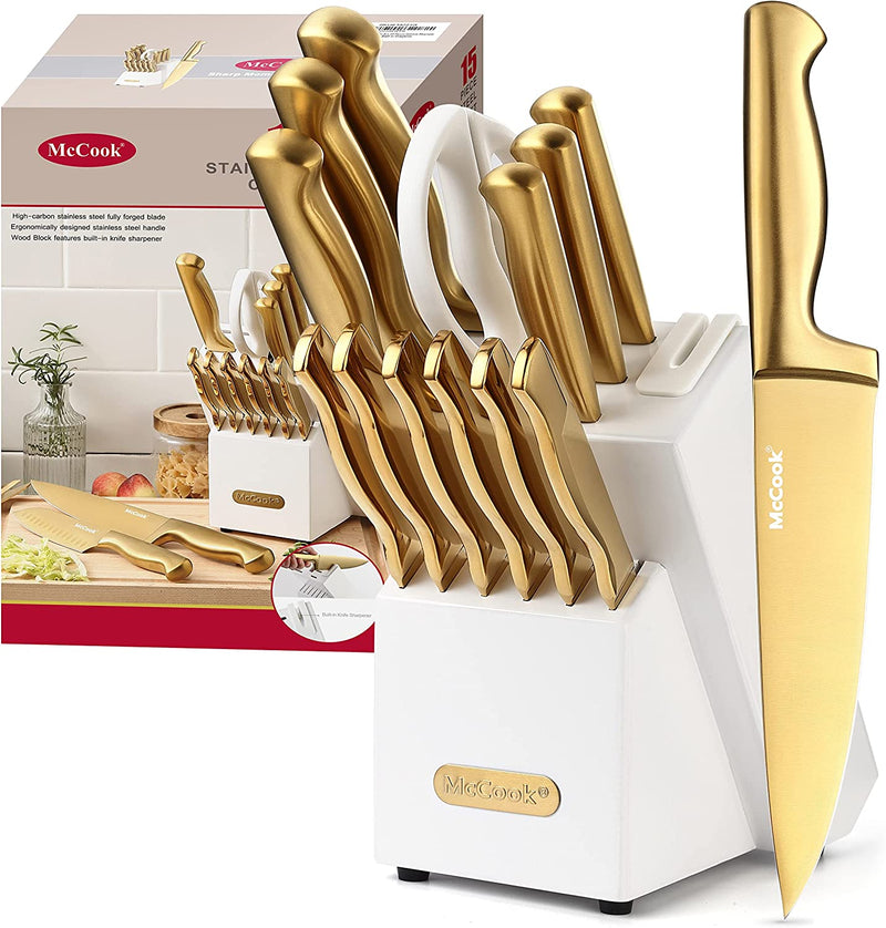 Mccook MC29 Knife Sets,15 Pieces German Stainless Steel Kitchen Knife Block Sets with Built-In Sharpener Home & Garden > Kitchen & Dining > Kitchen Tools & Utensils > Kitchen Knives McCook Golden/White 15 Pieces 