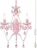 Plug in Chandelier Mini Crystal Chandeliers White and Pink Chandelier for Girls Room 3 Light Small Hanging Lamps for Bedroom Home & Garden > Lighting > Lighting Fixtures > Chandeliers Antique House Pink  