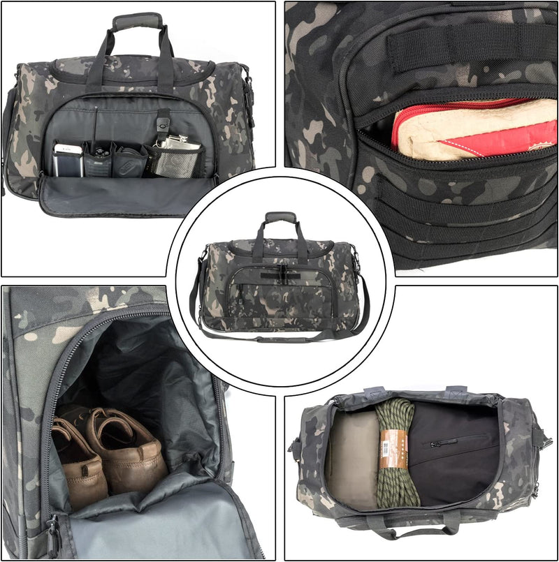 PANS Military Waterproof Duffel Bag Tactical Outdoor Gym Bag Army Carry on Bag with Shoes Compartment,Molle System,Shoulder Bag&Handbag for Sports Travel Camping Hunting(Black-Multicam-B)