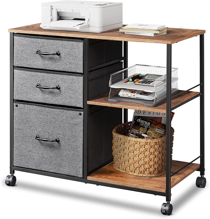 DEVAISE 3 Drawer Mobile File Cabinet, Rolling Printer Stand with Open Storage Shelf, Fabric Lateral Filing Cabinet Fits A4 or Letter Size for Home Office, Rustic Brown Home & Garden > Household Supplies > Storage & Organization DEVAISE Rustic Brown  