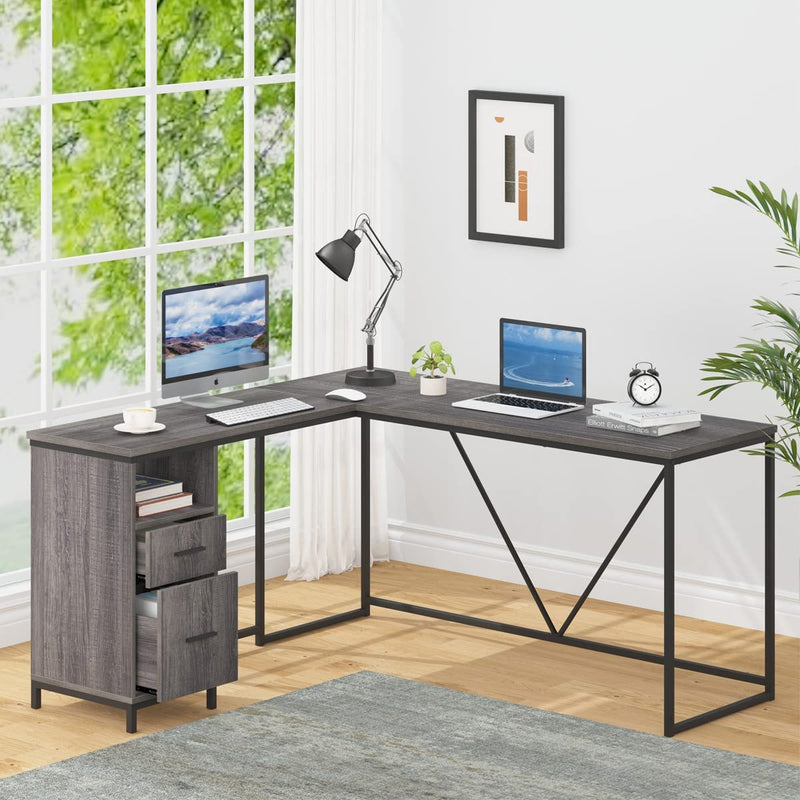 HSH L Shaped Computer Desk with Drawers Shelves for Storage, Rustic Wooden and Metal Home Office Desk, Reversible Corner Desk, Industrial Modern Work Writing Study Table Workstation, Grey 59 X 55 Inch Home & Garden > Household Supplies > Storage & Organization HSH   