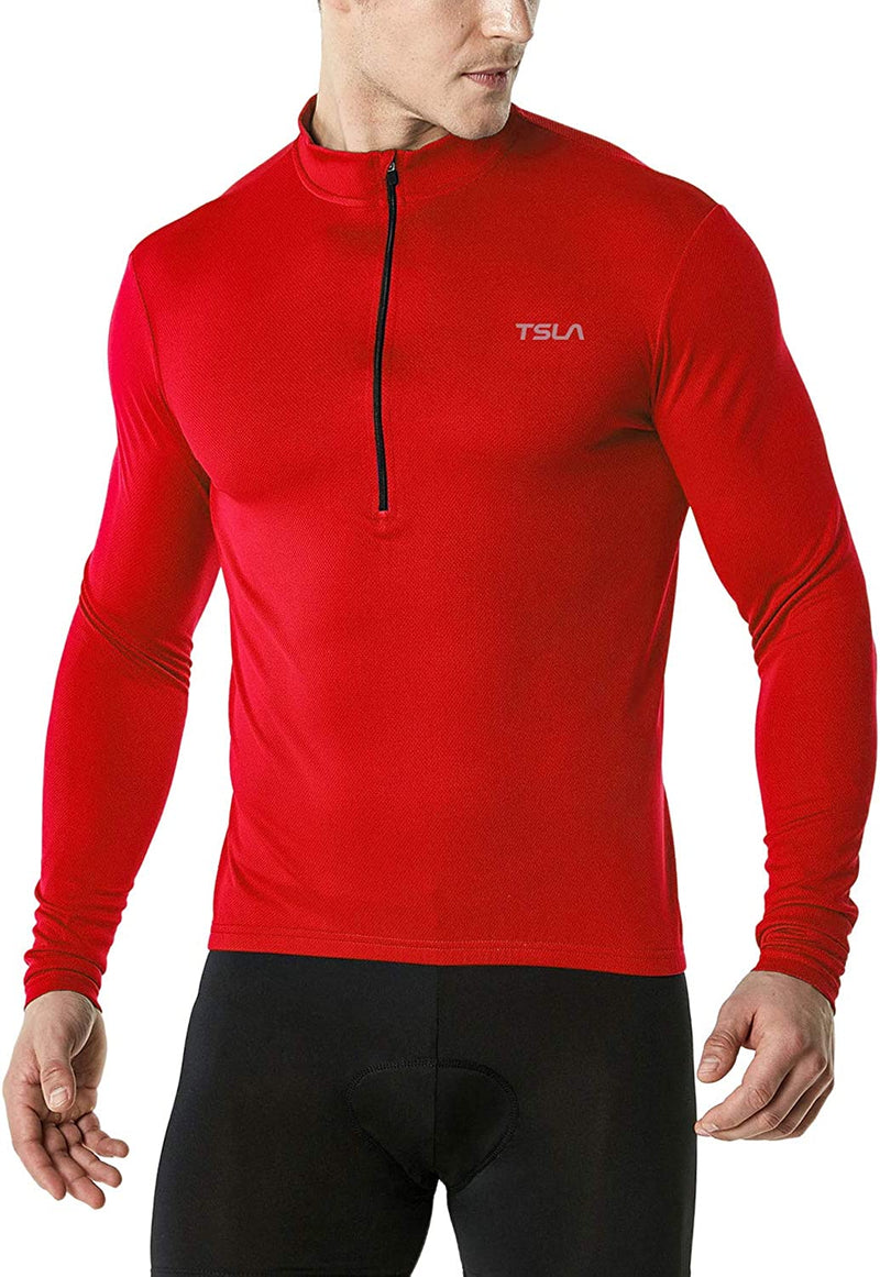 TSLA Men'S Long Sleeve Bike Cycling Jersey, Quick Dry Breathable Reflective Biking Shirts with 3 Rear Pockets Sporting Goods > Outdoor Recreation > Cycling > Cycling Apparel & Accessories Tesla Gears Cycle Long Sleeve Red X-Large 