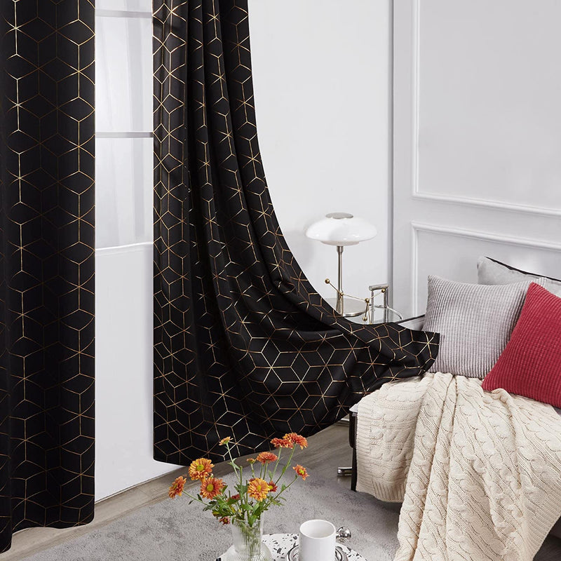 Deconovo Blackout Curtains Gold Diamond Foil Print Black, 52W X 84L Inch, Thermal Insulated Room Darkening Sun Blocking Grommet Curtain Panels for Living Room Set of 2 Home & Garden > Decor > Window Treatments > Curtains & Drapes Deconovo   