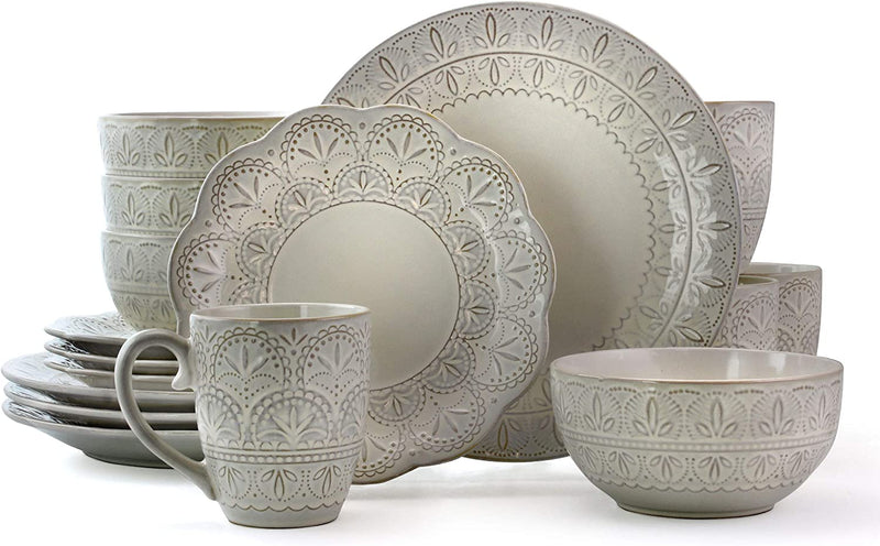 Elama Elegant round Embossed Stoneware High Class Dinnerware Dish Set, 16 Piece, White Home & Garden > Kitchen & Dining > Tableware > Dinnerware Elama   