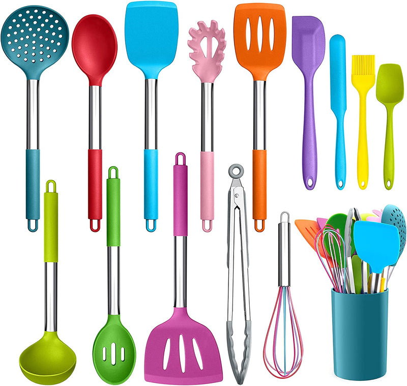 LIANYU 15-Piece Cooking Kitchen Utensils Set with Holder, Silicone Kitchen Tools Stainless Steel Handle, Slotted Spatula Spoon Turner Tong Whisk Brush for Cooking, Red Home & Garden > Kitchen & Dining > Kitchen Tools & Utensils LIANYU Colorful  