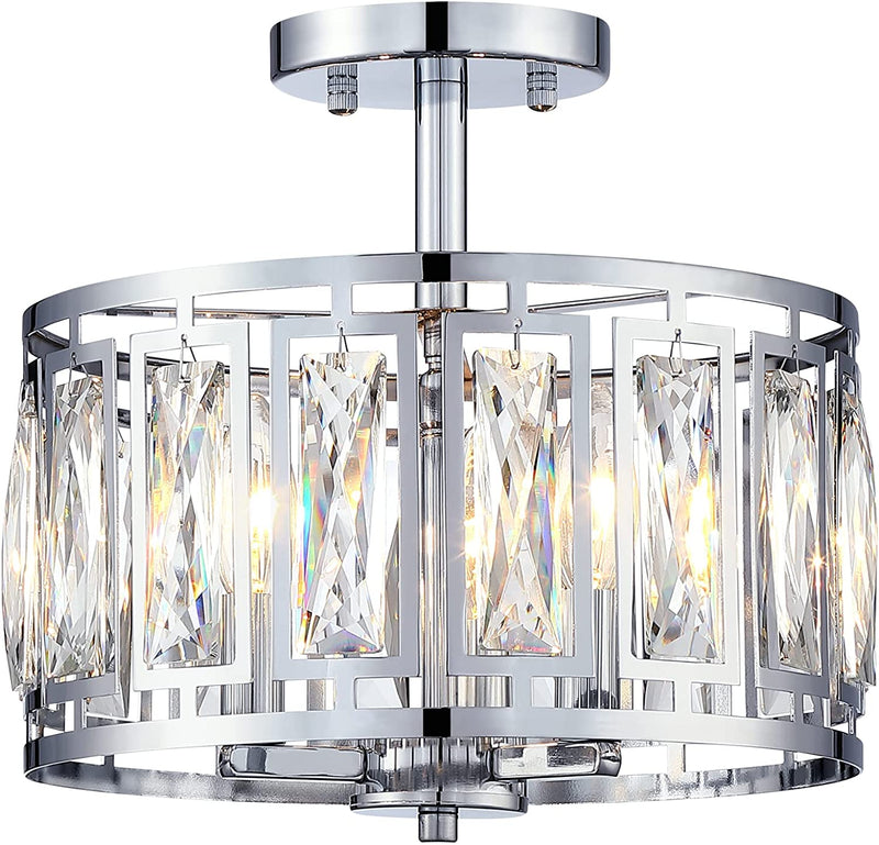 Mini Crystal Semi Flush Mount Ceiling Light, Convertible Pendant Lighting Fixture for Kitchen Island, Chrome Drum Shade Adjustable Hanging Ceiling Lamp for Hallway Entryway