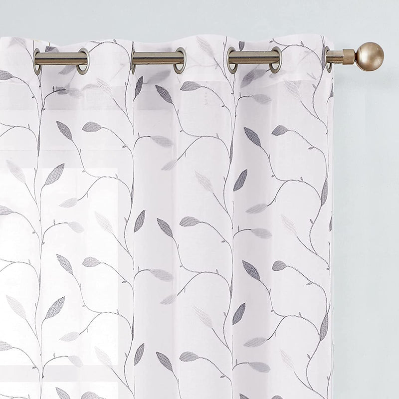 Lazzzy Embroidered Sheer Curtains Floral Leaf Voile Curtain for Living Room Bedroom Farmhouse White Sheer Drapes 84 Inches Length Light Diffusing Window Treatment Set of 2 Panels Gold on White Home & Garden > Decor > Window Treatments > Curtains & Drapes Lazzzy Grey on White 96"L 