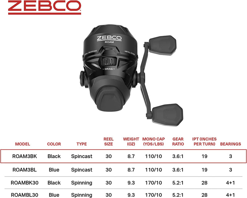 Zebco Roam Spincast Fishing Reel, Size 30 Reel, Changeable Right or Left-Hand Retrieve, Pre-Spooled with 10-Pound Zebco Fishing Line, Stainless Steel Front Cover, Black