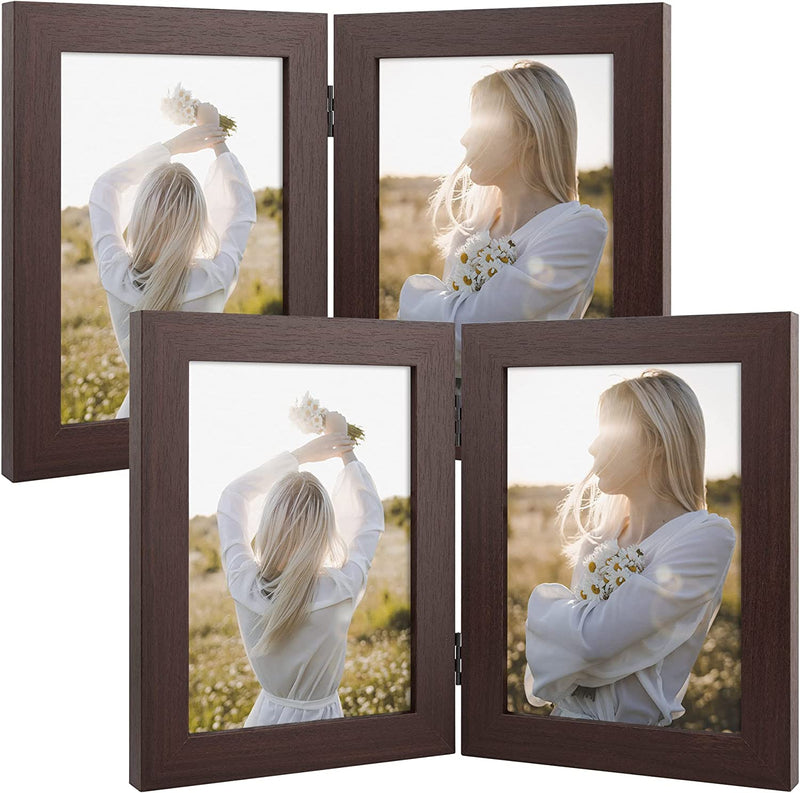 Frametory, 5X7 Hinged Picture Frame Displays 2 Photos, Double Frames with Glass, Side by Side Stands Vertically on Tabletop (Black) Home & Garden > Decor > Picture Frames Frametory Brown 5x7 (2-Pack) 