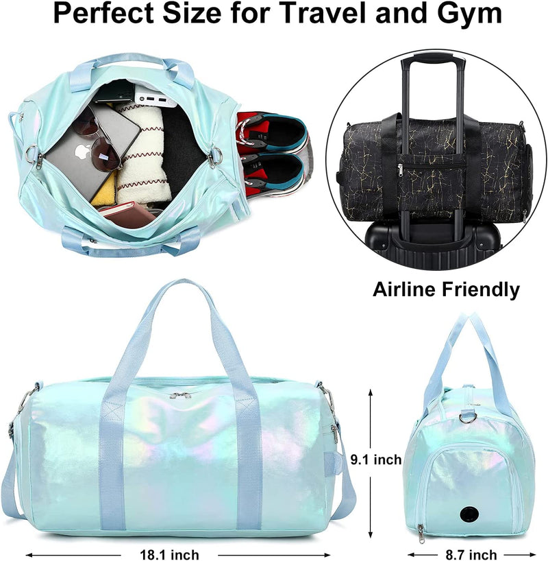 Gym Bag Sports Duffle Bag with Wet Pocket Weekender Overnight Bag with Waterproof Shoe Pouch and Air Hole for Women Girls Travel Foldable Bag