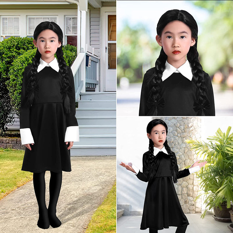 Wigood Wednesday Costume Girls Dress for Kids Addams Costumes Halloween Cosplay Party Dress with Socks 3-12 Years  Wigood   