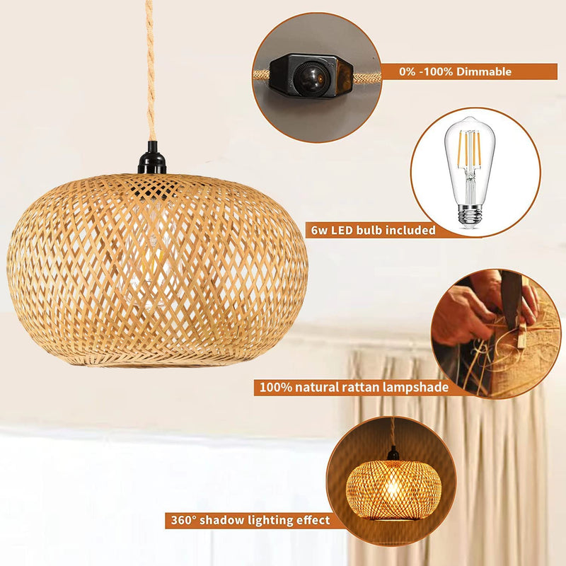 ZECOXOL Plug in Pendant Light Rattan Hanging Lights with Plug in Cord，Dimmable Switch,Hanging Lamp with Bamboo Woven Wicker Lamp Shade,Boho Plug in Ceiling Light Fixtures for Kitchen,Bedroom Home & Garden > Lighting > Lighting Fixtures ELY201   