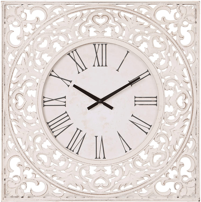 24" Distressed White Ornate Wood Carved Wall Clock Home & Garden > Decor > Clocks > Wall Clocks Patton Wall Decor   