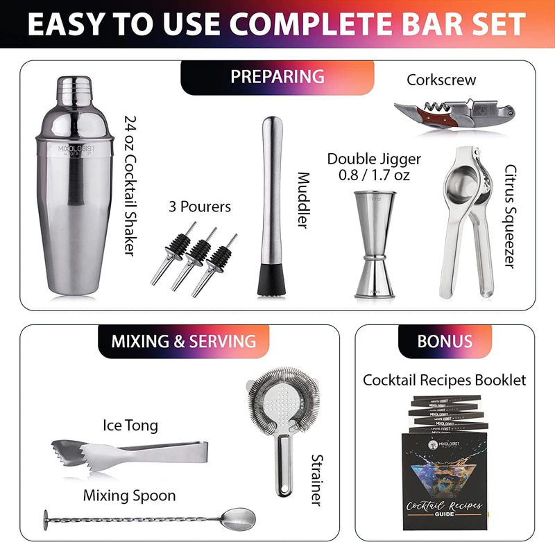 24 Oz Bartender Kit with Stand - Professional Cocktail Shaker Set Mixology Home Bar Accessories Set 12 Pieces Drink Shaker with Martini Mimosa Recipes Home & Garden > Kitchen & Dining > Barware MIXOLOGIST WORLD   