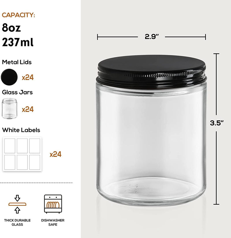 24 Pack, 8 OZ Thick Glass Jars with Metal Lids, Clear round Candle Making Jars - Empty Food Storage Containers, Mason Canning Jar for Spice, Powder, Liquid, Sample, Lotion, Honey, Cosmetic - Dishwasher Safe Home & Garden > Decor > Decorative Jars AOZITA   