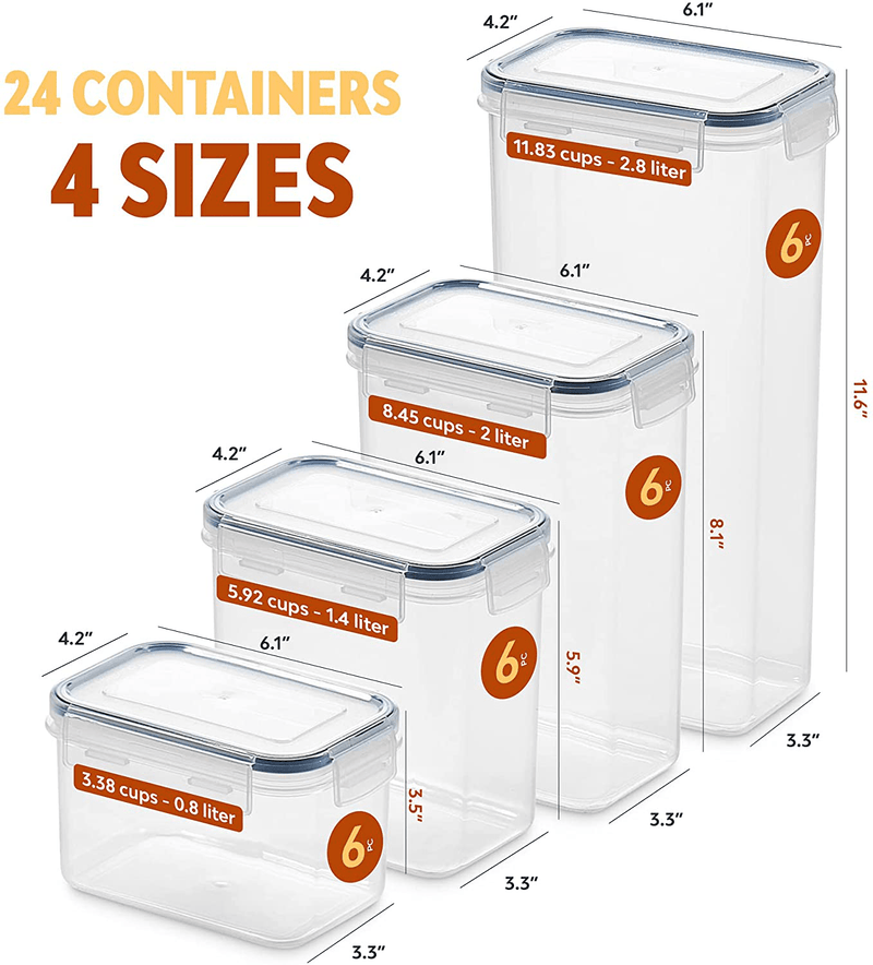 24 Pack Airtight Food Storage Container Set - BPA Free Clear Plastic Kitchen and Pantry Organization Canisters with Durable Lids for Cereal, Dry Food Flour & Sugar - Labels, Marker & Spoon Set Home & Garden > Kitchen & Dining > Food Storage Seseno   