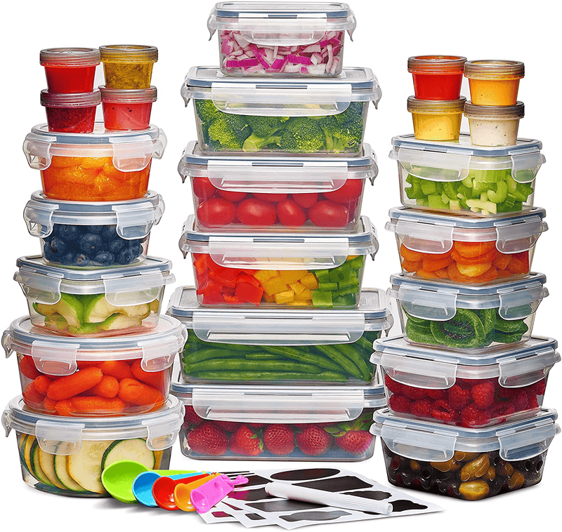 24 Pack Airtight Food Storage Container Set - BPA Free Clear Plastic Kitchen and Pantry Organization Meal Prep Lunch Container with Durable Leak Proof Lids - Labels, Marker & Spoon Set