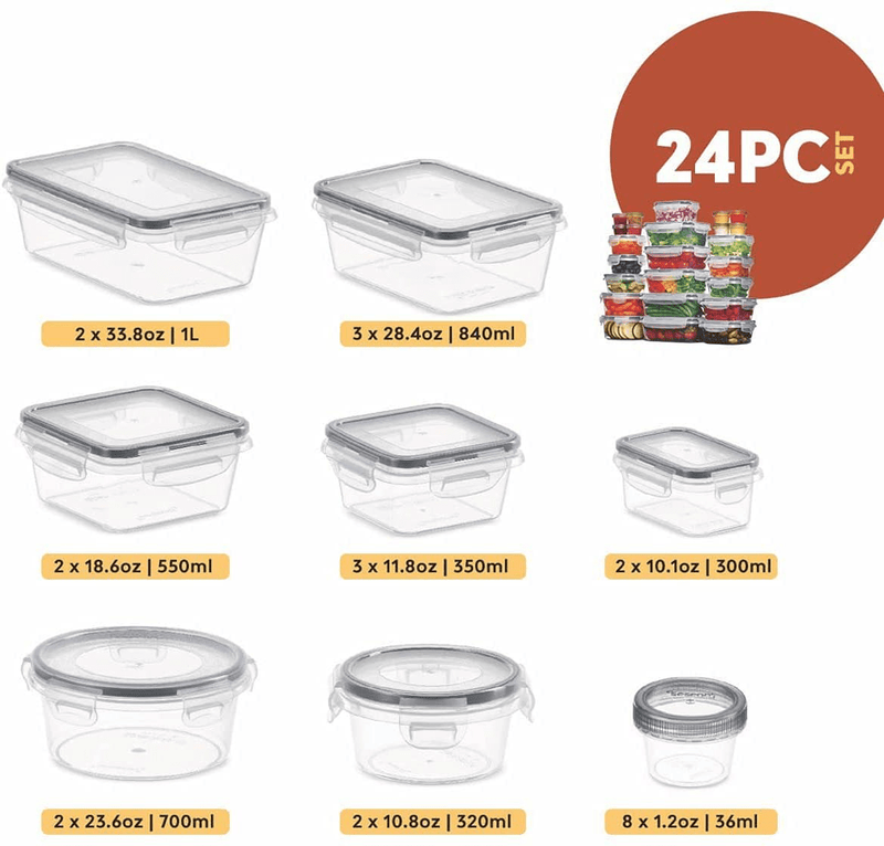 24 Pack Airtight Food Storage Container Set - BPA Free Clear Plastic Kitchen and Pantry Organization Meal Prep Lunch Container with Durable Leak Proof Lids - Labels, Marker & Spoon Set Home & Garden > Kitchen & Dining > Food Storage Seseno   
