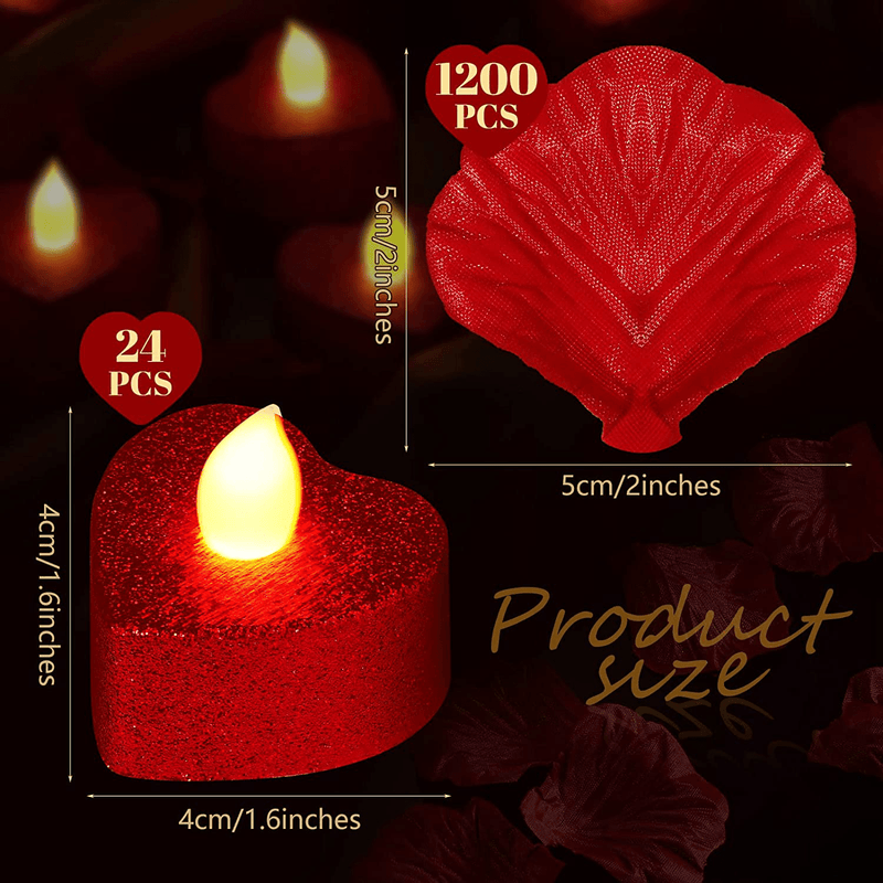 24 Pack Romantic Glitter Heart LED Candles with 1200 Pcs Artificial Rose Petals Candles for Romantic Night for Him Set Valentine'S Day Anniversary Wedding Table Honeymoon Decor Home & Garden > Decor > Seasonal & Holiday Decorations Saillong   