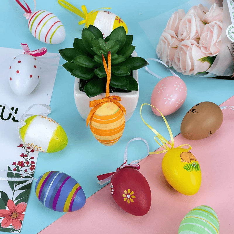 24 Pcs Plastic Easter Egg Hanging Ornament - 2.3" Decorative Multicolored Hand Painted Eggs DIY Crafts Tree Ornaments with Various Style Stripes Dots Flowers for Easter Day Decoration (Random Style)