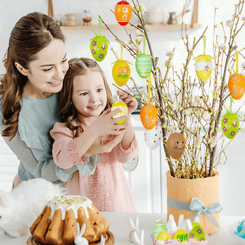 24 Pcs Plastic Easter Egg Hanging Ornament - 2.3" Decorative Multicolored Hand Painted Eggs DIY Crafts Tree Ornaments with Various Style Stripes Dots Flowers for Easter Day Decoration (Random Style)