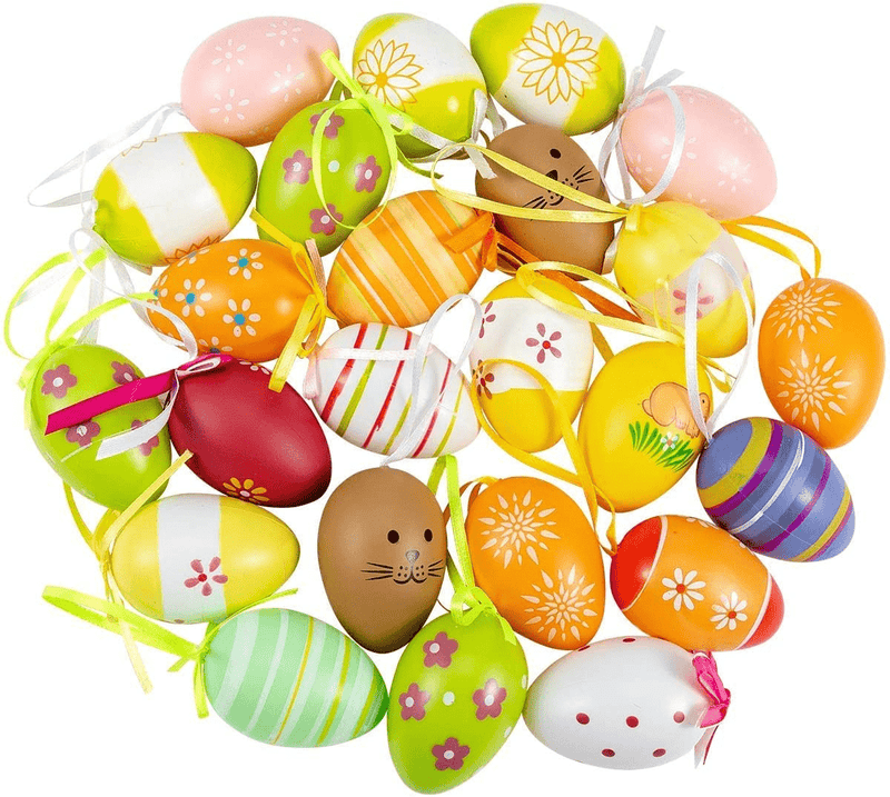 24 Pcs Plastic Easter Egg Hanging Ornament - 2.3" Decorative Multicolored Hand Painted Eggs DIY Crafts Tree Ornaments with Various Style Stripes Dots Flowers for Easter Day Decoration (Random Style) Home & Garden > Decor > Seasonal & Holiday Decorations ANPHSIN   