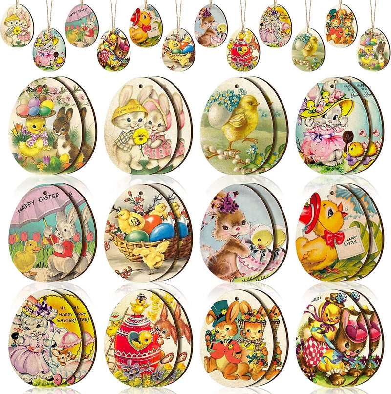 24 Pcs Vintage Easter Wooden Hanging Ornaments Retro Easter Ornament for Tree Easter Egg Bunny Chick Wood Slices Decorations Happy Easter Wooden Ornament with Rope for Party Home Decor (Stylish Style) Home & Garden > Decor > Seasonal & Holiday Decorations Marsui Bright Style  