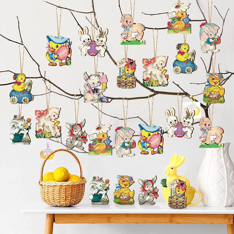 24 Pcs Vintage Easter Wooden Hanging Ornaments Retro Easter Ornament for Tree Easter Egg Bunny Chick Wood Slices Decorations Happy Easter Wooden Ornament with Rope for Party Home Decor (Stylish Style) Home & Garden > Decor > Seasonal & Holiday Decorations Marsui   