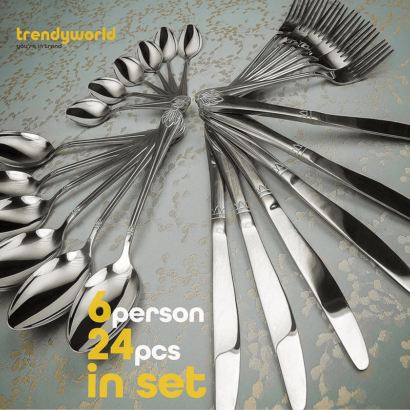 24-Piece Silverware Flatware Cutlery Set, Stainless Steel Utensils Service for 6, Knife/Fork/Spoon, Mirror Polished