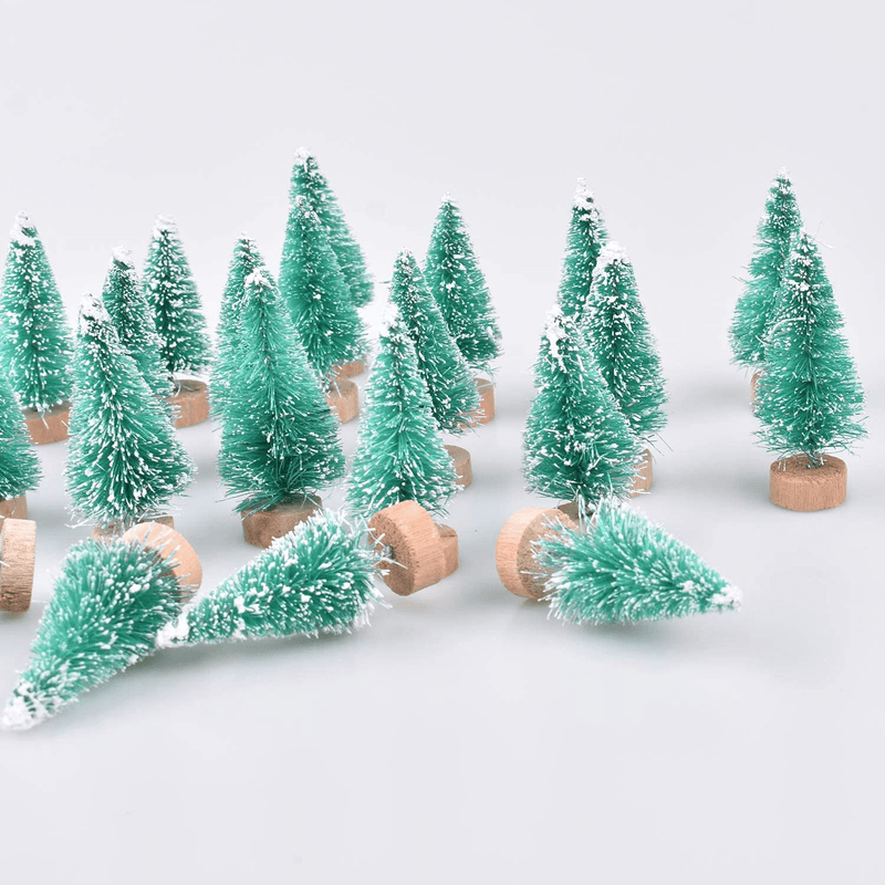 24 Pieces Artificial Mini Christmas Sisal Snow Frost Trees with Wood Base Bottle Brush Trees Plastic Winter Snow Ornaments Tabletop Trees for Christmas Party Home Decoration (Green) Home & Garden > Decor > Seasonal & Holiday Decorations > Christmas Tree Stands SUNREEK   