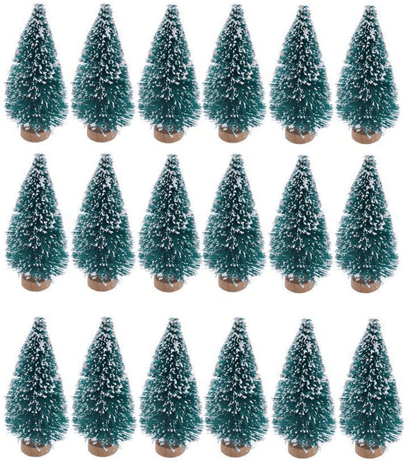24 Pieces Artificial Mini Christmas Sisal Snow Frost Trees with Wood Base Bottle Brush Trees Plastic Winter Snow Ornaments Tabletop Trees for Christmas Party Home Decoration (Green)