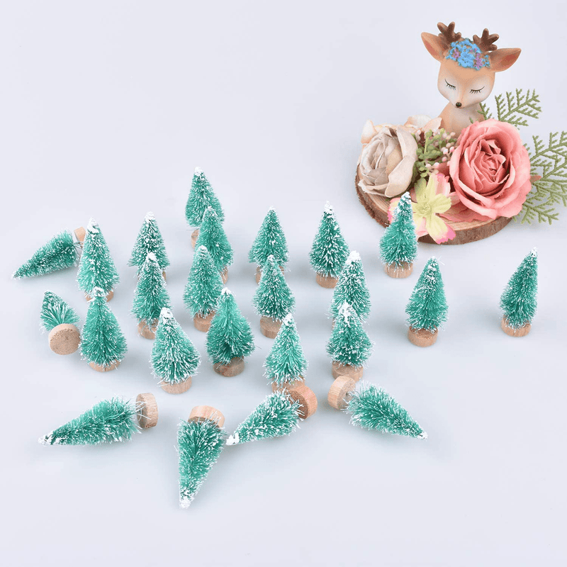 24 Pieces Artificial Mini Christmas Sisal Snow Frost Trees with Wood Base Bottle Brush Trees Plastic Winter Snow Ornaments Tabletop Trees for Christmas Party Home Decoration (Green) Home & Garden > Decor > Seasonal & Holiday Decorations > Christmas Tree Stands SUNREEK   