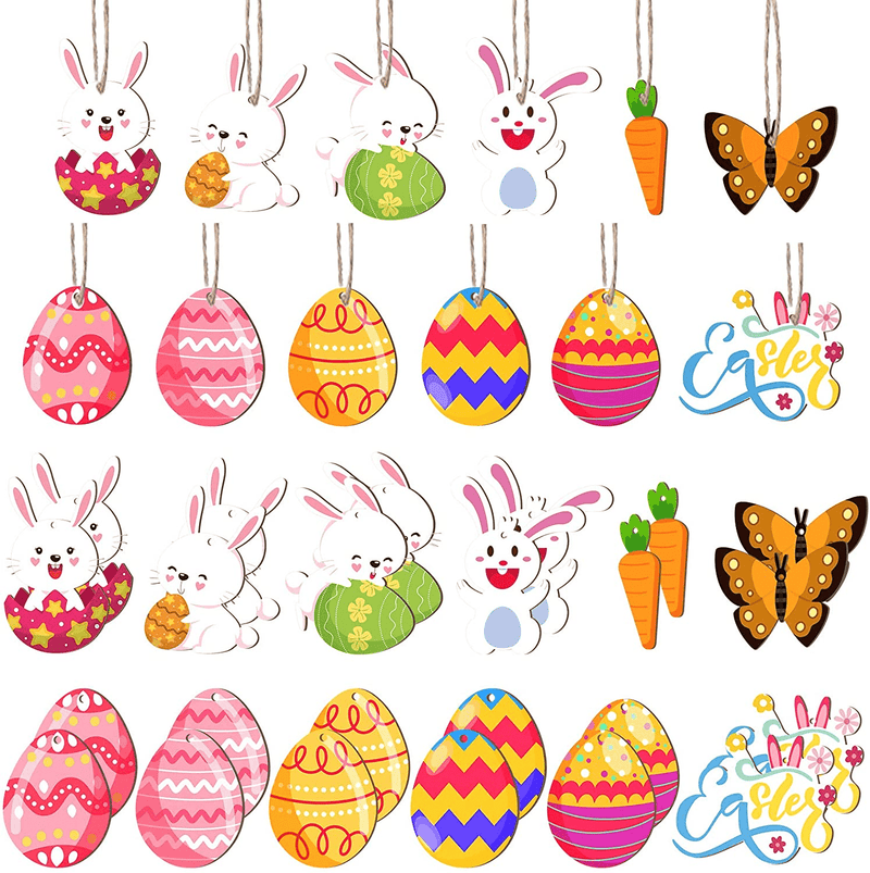 24 Pieces Easter Egg Wooden Ornaments Easter Tree Decorations Hanging Wooden Bunny Cutouts Spring Butterfly Ornaments for Happy Easter Crafts Holiday Party Favor Supplies Home & Garden > Decor > Seasonal & Holiday Decorations Qunclay   