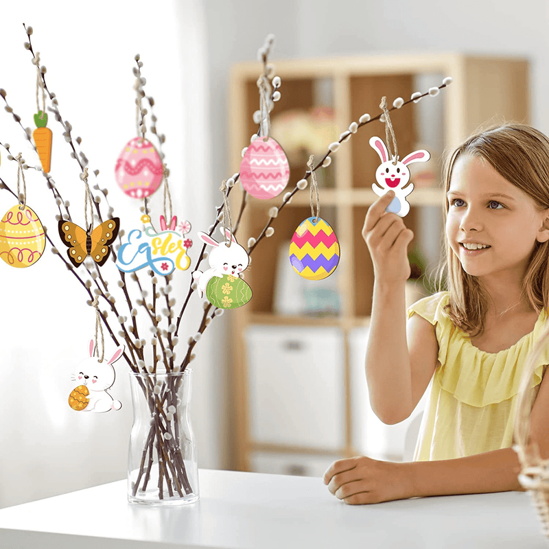 24 Pieces Easter Egg Wooden Ornaments Easter Tree Decorations Hanging Wooden Bunny Cutouts Spring Butterfly Ornaments for Happy Easter Crafts Holiday Party Favor Supplies