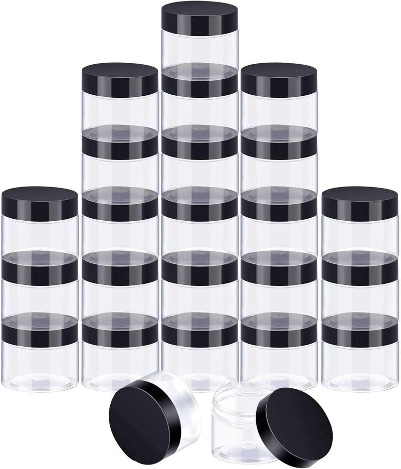 24 Pieces Empty Clear Plastic Jars with Lids round Storage Containers Wide-Mouth for Beauty Product Cosmetic Cream Lotion Liquid Slime Butter Craft and Food (Black Lid, 2 Oz)