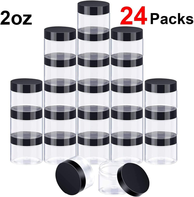 24 Pieces Empty Clear Plastic Jars with Lids round Storage Containers Wide-Mouth for Beauty Product Cosmetic Cream Lotion Liquid Slime Butter Craft and Food (Black Lid, 2 Oz)