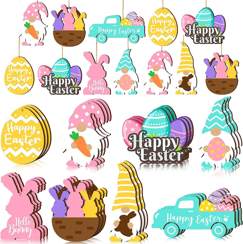 24 Pieces Happy Easter Wooden Ornaments Embellishments Easter Egg Gnome Bunny Carrot Basket Wooden Hanging Ornaments Spring Easter Wooden Slice for Easter Party Decorations (Bunny) Home & Garden > Decor > Seasonal & Holiday Decorations Yalikop   