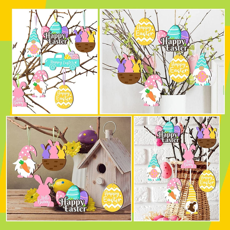 24 Pieces Happy Easter Wooden Ornaments Embellishments Easter Egg Gnome Bunny Carrot Basket Wooden Hanging Ornaments Spring Easter Wooden Slice for Easter Party Decorations (Bunny)