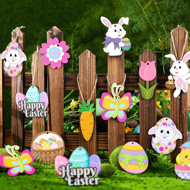 24 Pieces Spring Easter Wooden Ornaments Happy Easter Cutouts Embellishments Cute Holiday Decorations with Strings Hanging Ornaments for Easter Tree Party Home Classroom Decor (Bunny Egg Flower) Home & Garden > Decor > Seasonal & Holiday Decorations Qunclay   