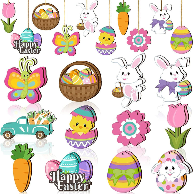 24 Pieces Spring Easter Wooden Ornaments Happy Easter Cutouts Embellishments Cute Holiday Decorations with Strings Hanging Ornaments for Easter Tree Party Home Classroom Decor (Bunny Egg Flower) Home & Garden > Decor > Seasonal & Holiday Decorations Qunclay Bunny Egg Flower  