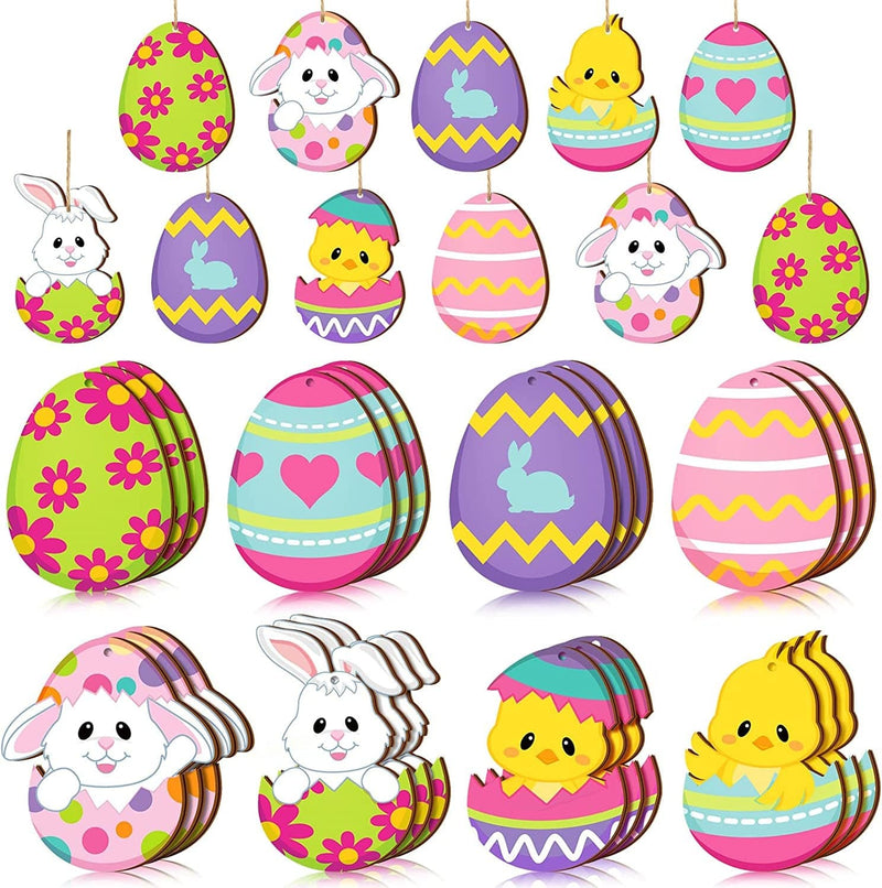 24 Pieces Spring Easter Wooden Ornaments Happy Easter Cutouts Embellishments Cute Holiday Decorations with Strings Hanging Ornaments for Easter Tree Party Home Classroom Decor (Bunny Egg Flower) Home & Garden > Decor > Seasonal & Holiday Decorations Qunclay Bunny Flower Style  