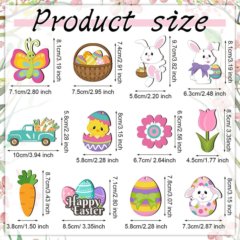 24 Pieces Spring Easter Wooden Ornaments Happy Easter Cutouts Embellishments Cute Holiday Decorations with Strings Hanging Ornaments for Easter Tree Party Home Classroom Decor (Bunny Egg Flower)