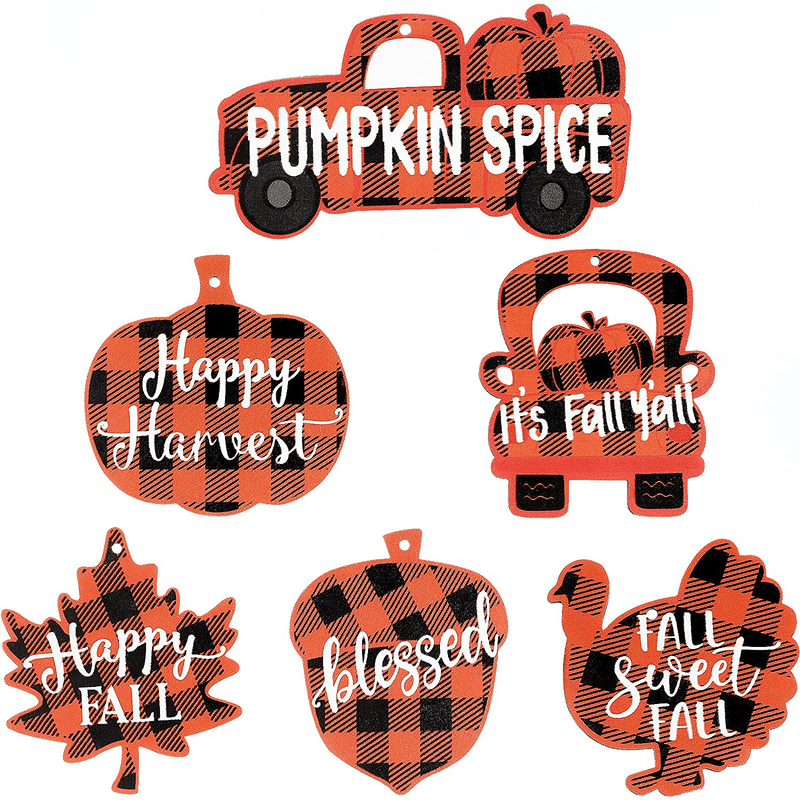 24 Pieces Thanksgiving Buffalo Plaid Ornament Wooden Hanging Sign Hanging Wishes Craft for Fall Harvest Wall Decoration 6 Styles Pumpkin Turkey Truck (Orange and Black) (Orange and Black, 24)