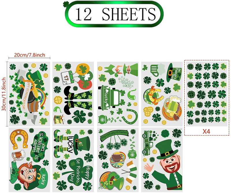 240 PCS 12 Sheets St Patricks Day Window Clings Decorations - Clover Window Decal Stickers Ornaments Irish Shamrock Happy St. Patricks Day Home Indoor Party Decor (Green) Arts & Entertainment > Party & Celebration > Party Supplies SINTIA   