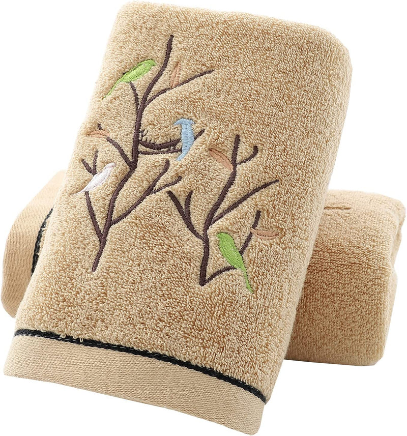 Pidada Hand Towels Set of 2 Embroidered Bird Tree Pattern 100% Cotton Highly Absorbent Soft Luxury Towel for Bathroom 13.8 X 29.5 Inch (Brown) Home & Garden > Linens & Bedding > Towels Pidada 2 Brown 13.8 x 29.5 