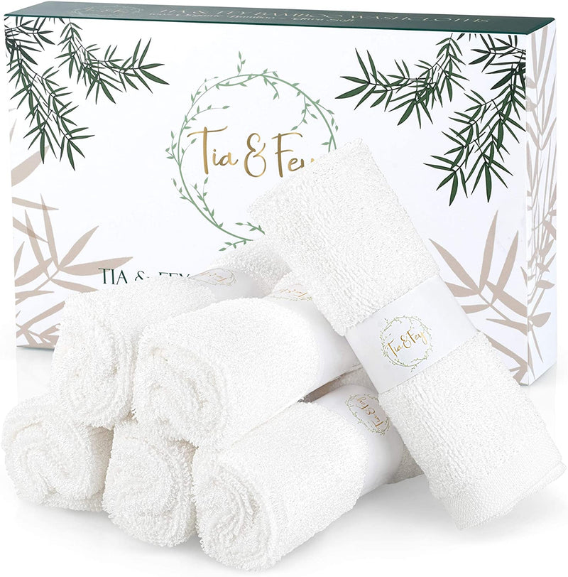 Tia & Fey Face Cloth Made from Bamboo Soft Wash Cloths for Face Organic Bamboo Set of 6 Face Towel Gentle on Sensitive Skin Women Makeup Remover Reusable Absorbent Washcloths 10 X 10 Inch (White)