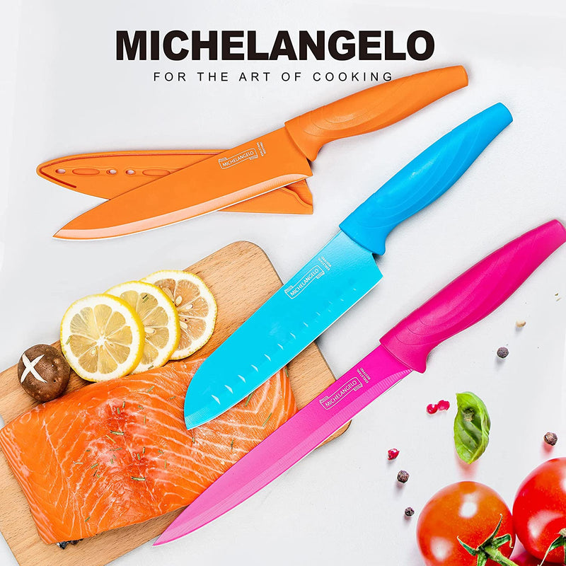 Kitchen Knife Set 10 Piece, Rainbow Knife Set for Kitchen, High Carbon Stainless Steel Kitchen Knives Set, Dishwasher Safe, Colorful Knife Set- 5 Knives and 5 Knife Covers-Michelangelo