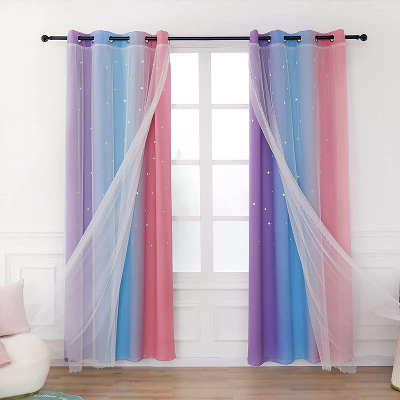Drewin 2 Panel Girls Curtains for Bedroom 63 Inches Length Stars Cut Out Pink Blackout Curtain Kids Room Darkening 2 in 1 Rainbow Ombre Stripe Double Layer Window Drapes Nursery,52X63 in Pink & Grey Home & Garden > Decor > Window Treatments > Curtains & Drapes Drewin Pink & Purple W52" x L84",2 Panels 